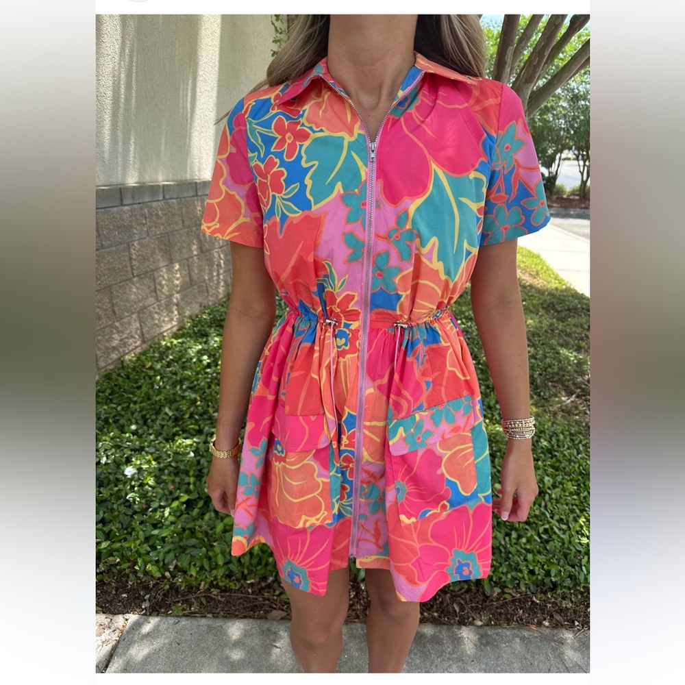 Karlie Bright Floral Zip-Front Mini Dress in Pink & Blue NWT